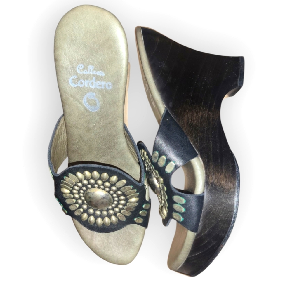 Calleen Cordero MARITA Hand Studded Leather Wedge Sandal Shoes 6.5 Boho Chic